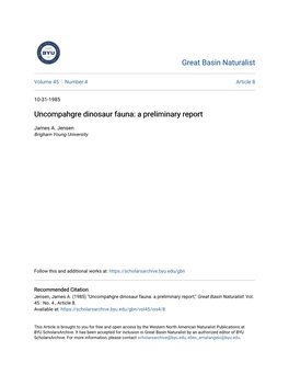 Uncompahgre Dinosaur Fauna: a Preliminary Report