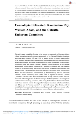 Rammohun Roy, William Adam, and the Calcutta Unitarian Committee