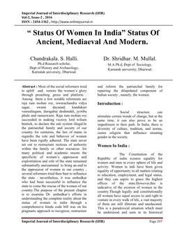 “ Status of Women in India” Status of Ancient, Mediaeval and Modern