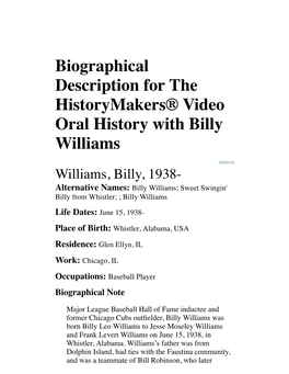 Biographical Description for the Historymakers® Video Oral History with Billy Williams