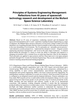 Principles of Systems Engineering Management: Reflections from 45 Years of Spacecraft Technology Research and Development at the Mullard Space Science Laboratory