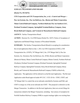 [Docket No. FD 36472] CSX Corporation And