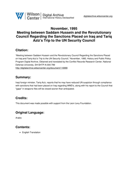 November, 1995 Meeting Between Saddam Hussein and the Revolutionary Council Regarding the Sanctions Placed on Iraq and Tariq Aziz’S Trip to the UN Security Council
