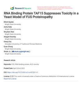 RNA Binding Protein TAF15 Suppresses Toxicity in a Yeast Model of FUS Proteinopathy