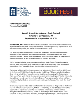 Fourth Annual Bucks County Book Festival Returns to Doylestown, PA September 24 – September 26, 2021