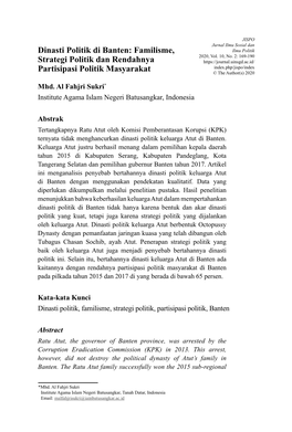 Dinasti Politik Di Banten: Familisme, Strategi Politik Dan Rendahnya