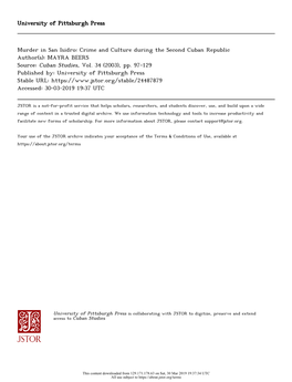 Murder in San Isidro: Crime and Culture During the Second Cuban Republic Author(S): MAYRA BEERS Source: Cuban Studies, Vol