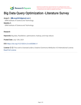 Big Data Query Optimization -Literature Survey
