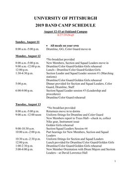 UNIVERSITY of PITTSBURGH 2019 BAND CAMP SCHEDULE August 12-15 at Oakland Campus 6/27/19 Draft