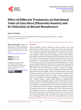 Effect of Different Treatments on Nutritional Value of Lima Bean (Phaseolus Lunatus) and Its Utilization in Biscuit Manufacture