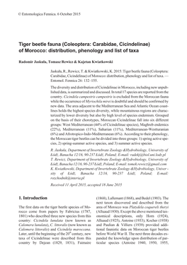 Tiger Beetle Fauna (Coleoptera: Carabidae, Cicindelinae) of Morocco: Distribution, Phenology and List of Taxa