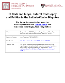 Of Gods and Kings: Natural Philosophy and Politics in the Leibniz-Clarke Disputes