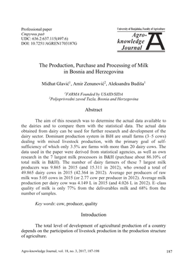 The Production, Purchase and Processing of Milk in Bosnia and Herzegovina