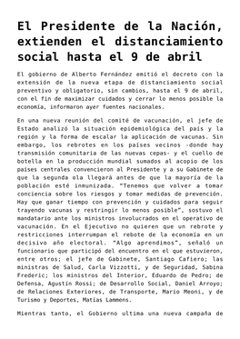 El Presidente De La Nación, Extienden El Distanciamiento Social Hasta El 9 De Abril