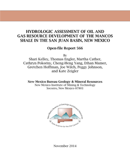 Hydrologic Assessment of Oil and Gas Resource Development of the Mancos Shale in the San Juan Basin, New Mexico