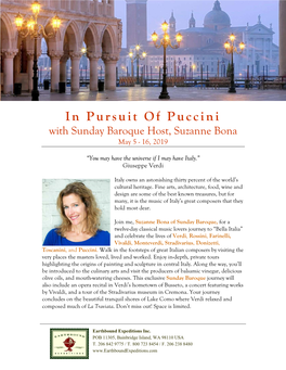 In Pursuit of Puccini with Sunday Baroque Host, Suzanne Bona May 5 - 16, 2019