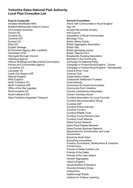 Yorkshire Dales National Park Authority Local Plan Consultee List
