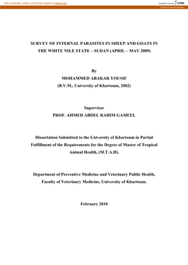 Survey of Internal Parasites in Sheep and Goats in the White Nile State – Sudan (April – May 2009)