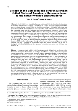 Biology of the European Oak Borer in Michigan, United States of America, with Comparisons to the Native Twolined Chestnut Borer