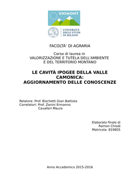Le Cavità Ipogee Della Valle Camonica: Aggiornamento Delle Conoscenze