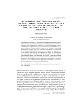 Dictatorship, Infantilisation, and the Focalization of a Child: Zsuzsa Rakovszky's a Hullócsillag Éve (The Year of the Falli