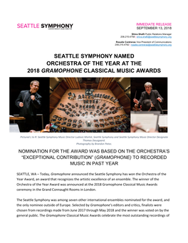 Seattle Symphony Named Orchestra of the Year at the 2018 Gramophone Classical Music Awards