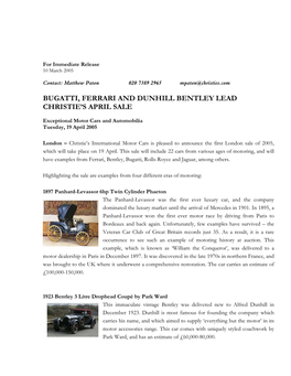 Bugatti, Ferrari and Dunhill Bentley Lead Christie's