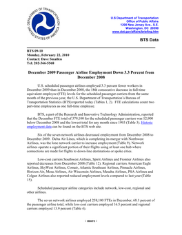 December 2009 Passenger Airline Employment Down 3.3 Percent from December 2008