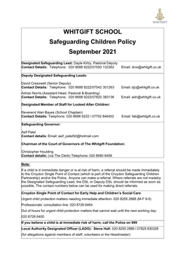 WHITGIFT SCHOOL Safeguarding Children Policy September 2020