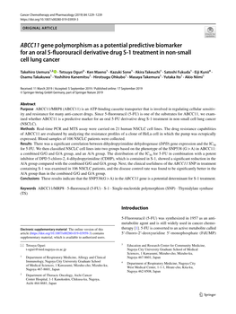 ABCC11 Gene Polymorphism As a Potential Predictive Biomarker for an Oral 5‑Fuorouracil Derivative Drug S‑1 Treatment in Non‑Small Cell Lung Cancer