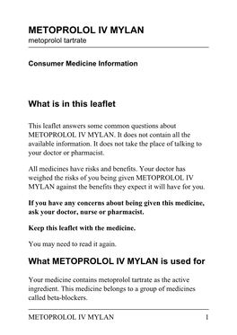 METOPROLOL IV MYLAN Metoprolol Tartrate