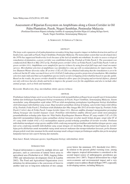 Assessment of Riparian Ecosystem on Amphibians Along a Green Corridor in Oil Palm Plantation, Pasoh, Negeri Sembilan, Peninsular