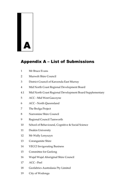 Appendix a – List of Submissions