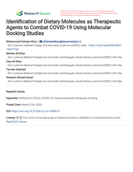 Identification of Dietary Molecules As Therapeutic Agents to Combat COVID-19 Using Molecular Docking Studies