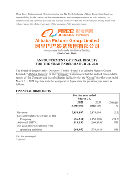 Announcement of Final Results for the Year Ended March 31, 2021