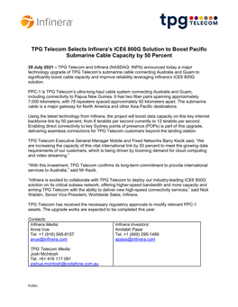 TPG Telecom Selects Infinera's ICE6 800G Solution to Boost Pacific