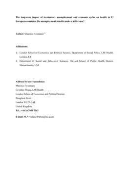 The Long-Term Impact of Involuntary Unemployment and Economic Cycles on Health in 13 European Countries: Do Unemployment Benefits Make a Difference?