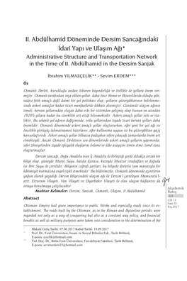II. Abdülhamid Döneminde Dersim Sancağındaki İdari Yapı Ve Ulaşım Ağı* Administrative Structure and Transportation Network in the Time of II