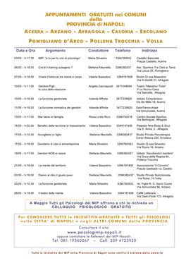APPUNTAMENTI GRATUITI Nei COMUNI Della PROVINCIA Di NAPOLI