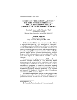 Ecology of Three Populations of the Rare Woodland Perennial, Trillium Pusillum Michaux (Liliaceae) in Southwestern Missouri