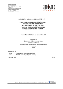 PROPOSED PONGOLA-CANDOVER 132Kv POWER LINE and ASSOCIATED MODIFICATIONS to the EXISTING PONGOLA 132/22Kv SUBSTATION and CANDOVER SWITCHING STATION