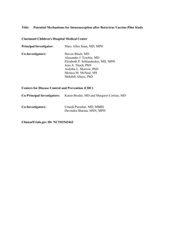 Potential Mechanisms for Intussusception After Rotavirus Vaccine-Pilot Study Cincinnati Children's Hospital Medical Cente