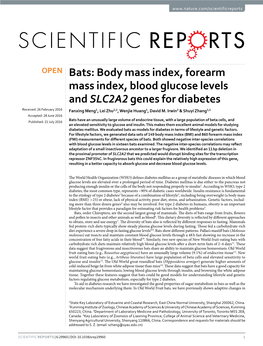 Bats: Body Mass Index, Forearm Mass Index, Blood Glucose Levels And