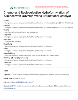 And Regioselective Hydroformylation of Alkenes with CO2/H2 Over a Bifunctional Catalyst