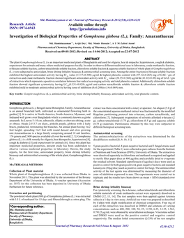 Investigation of Biological Properties of Gomphrena Globosa (L.), Family: Amaranthaceae