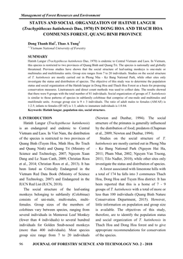 STATUS and SOCIAL ORGANIZATION of HATINH LANGUR (Trachypithecus Hatinhensis Dao, 1970) in DONG HOA and THACH HOA COMMUNES FOREST, QUANG BINH PROVINCE