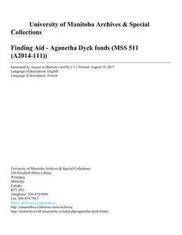 Aganetha Dyck Fonds (MSS 511 (A2014-111))