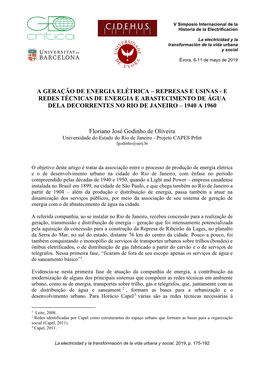 A Geração De Energia Elétrica – Represas E Usinas - E Redes Técnicas De Energia E Abastecimento De Água Dela Decorrentes No Rio De Janeiro – 1940 a 1960