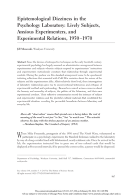 Epistemological Dizziness in the Psychology Laboratory: Lively Subjects, Anxious Experimenters, and Experimental Relations, 1950–1970