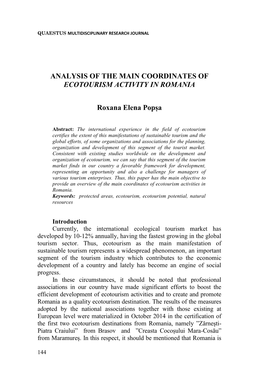 Analysis of the Main Coordinates of Ecotourism Activity in Romania